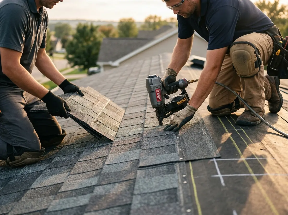 Professional roofer working on a residential roof in Abbeville